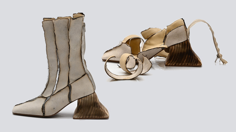 Portrait of shoe designer Daniel Charkow and images of his shoes made using surplus materials